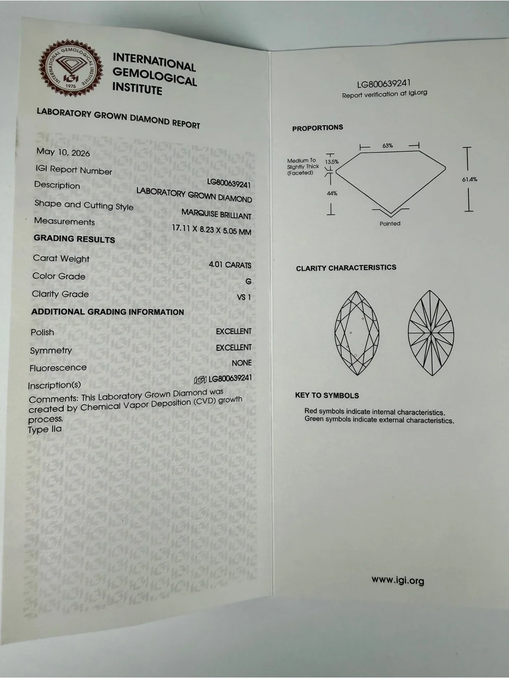 4.01 Ct IGI Certified Lab Grown Marquise Loose Diamond G VS1 CVD Excellent | New